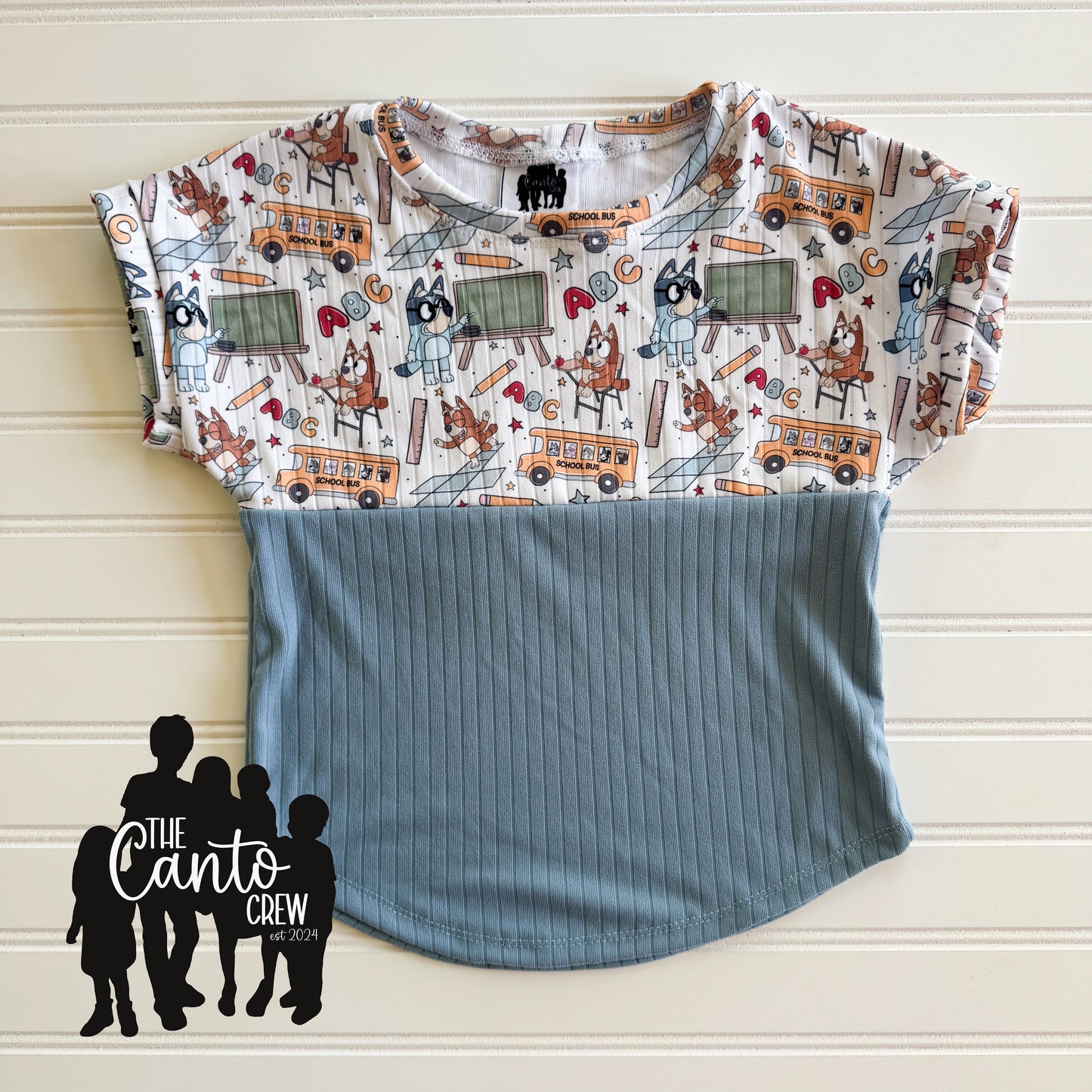 3T Split Curved Tee — School Dog & Steel Blue