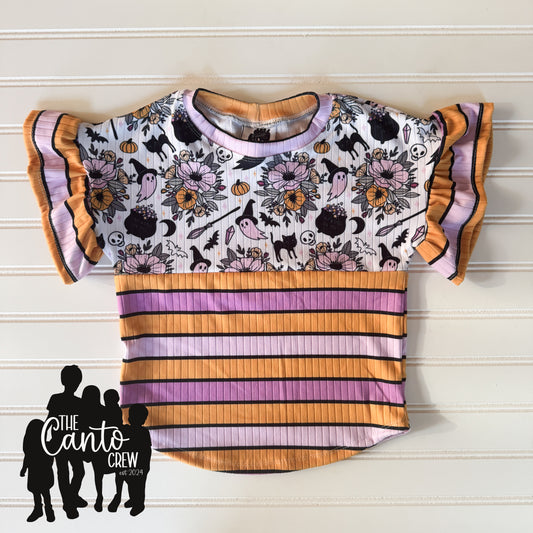 2T Split Curved Tee + Ruffles -- Spell Floral/Stripes