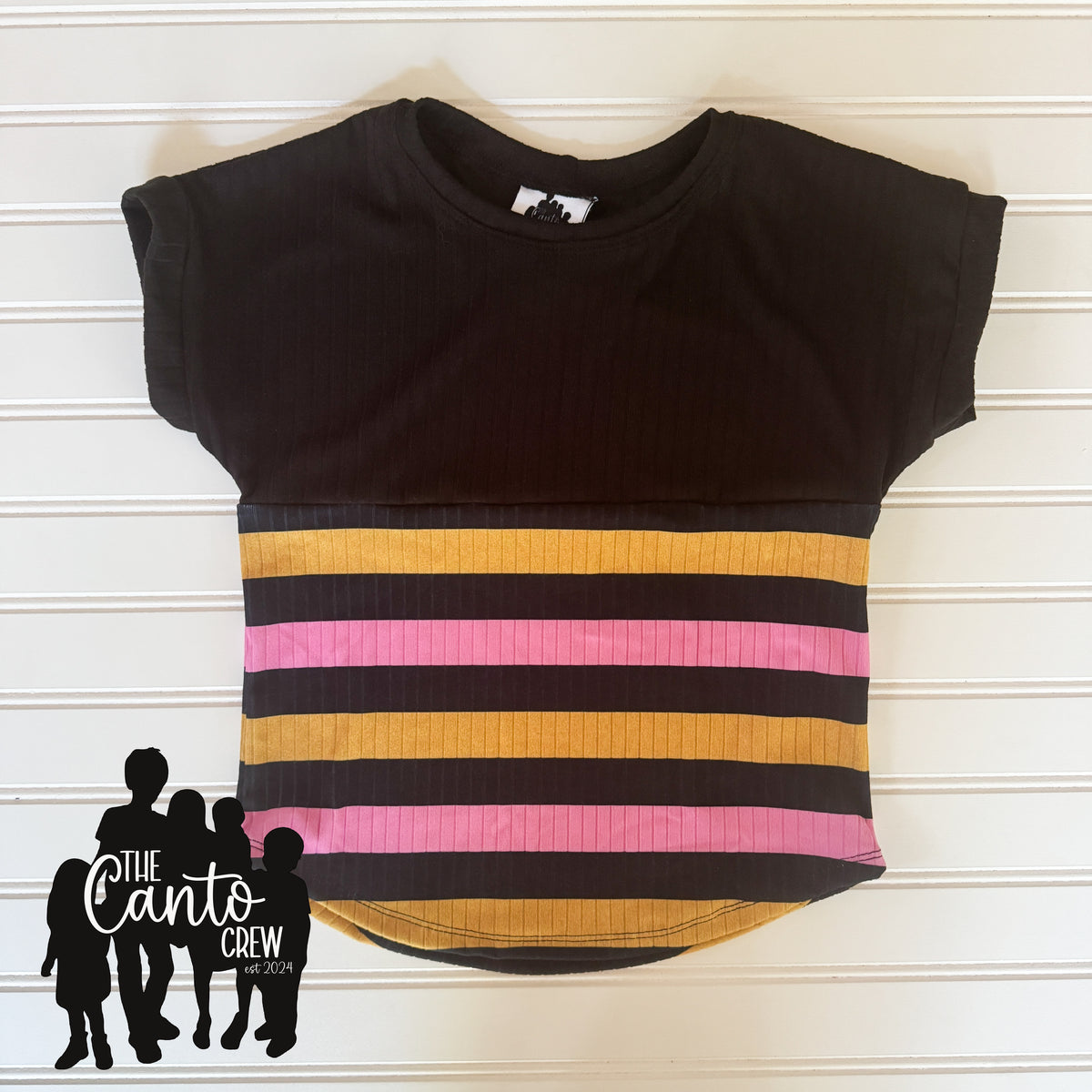 4T Split Curved Tee -- Black/Stripes