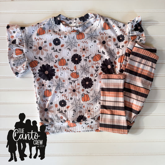 5 Dolman + Ruffles & Leggings -- Spooky Floral/Stripes