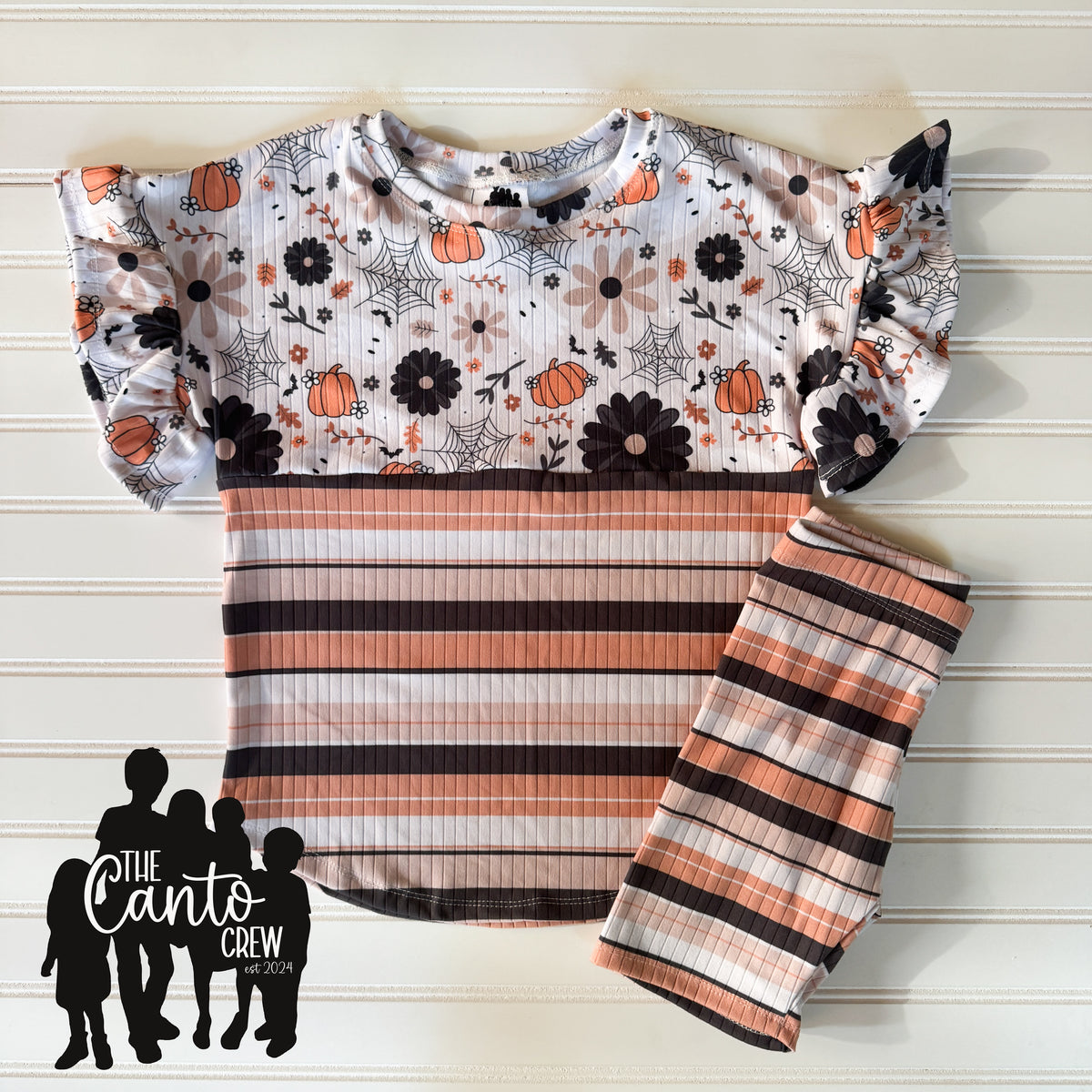6/7 Split Curved Tee + Sleeve Ruffles & Bikers -- Spooky Floral/Stripes