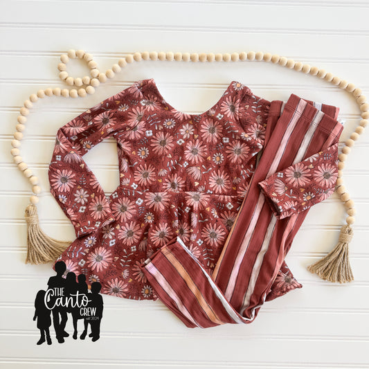 5T Peplum Long Sleeve & 6/7 Leggings -- Burgundy/Pink Floral & Stripes