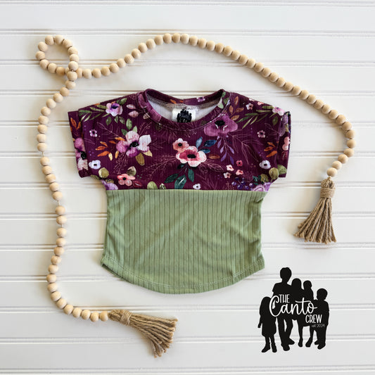 9/12 Month Split Curved Tee -- Burgundy Floral/Sage