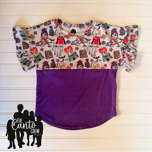 4T Split Curved Tee + ruffles -- Hocus Dogs